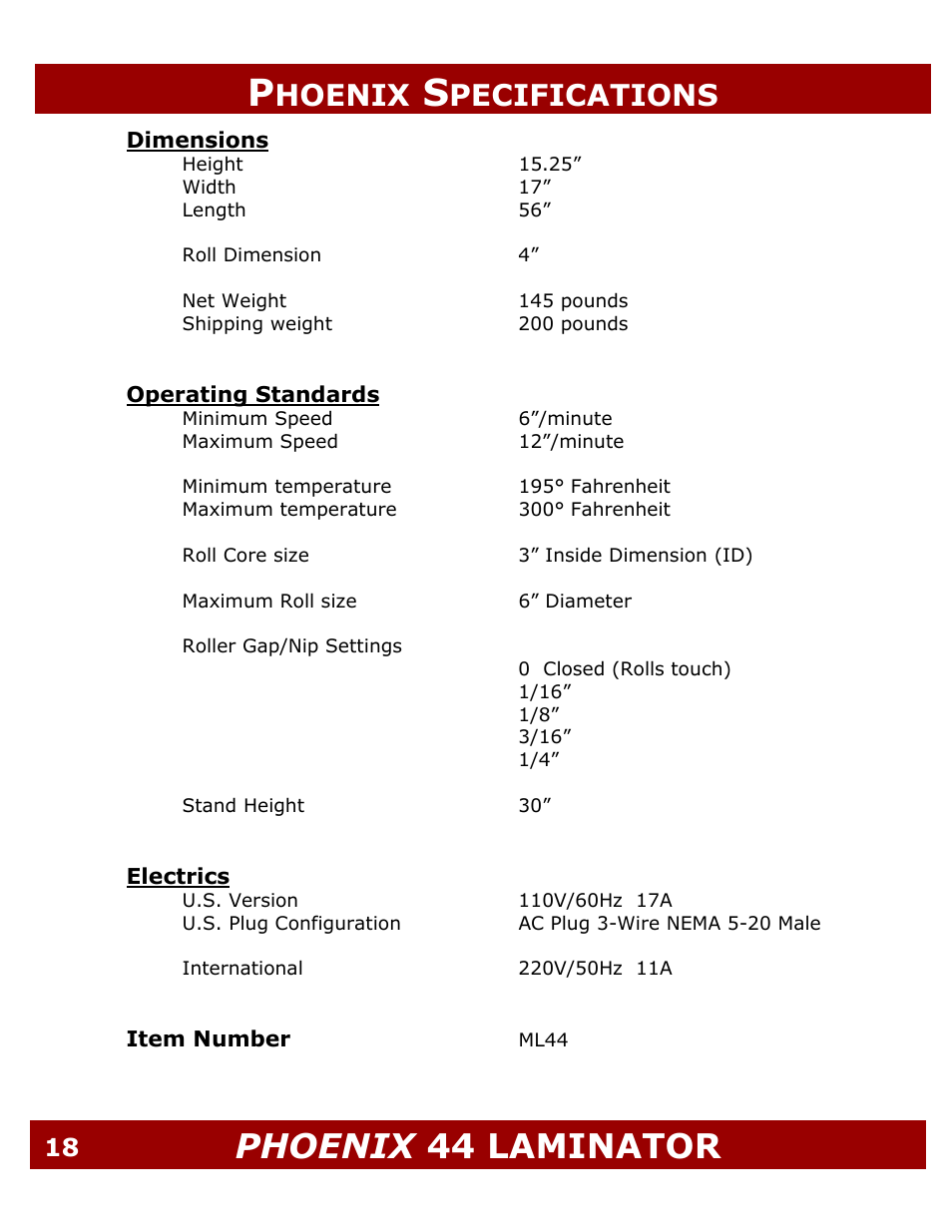 Phoenix 44 laminator, Hoenix, Pecifications | Demco PHOENIX ML44 User Manual | Page 18 / 25