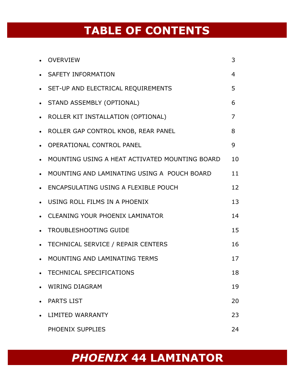 Table of contents phoenix 44 laminator | Demco PHOENIX ML44 User Manual | Page 2 / 25