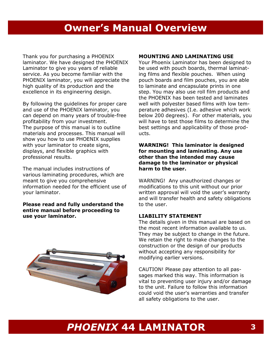 Owner’s manual overview phoenix 44 laminator | Demco PHOENIX ML44 User Manual | Page 3 / 25