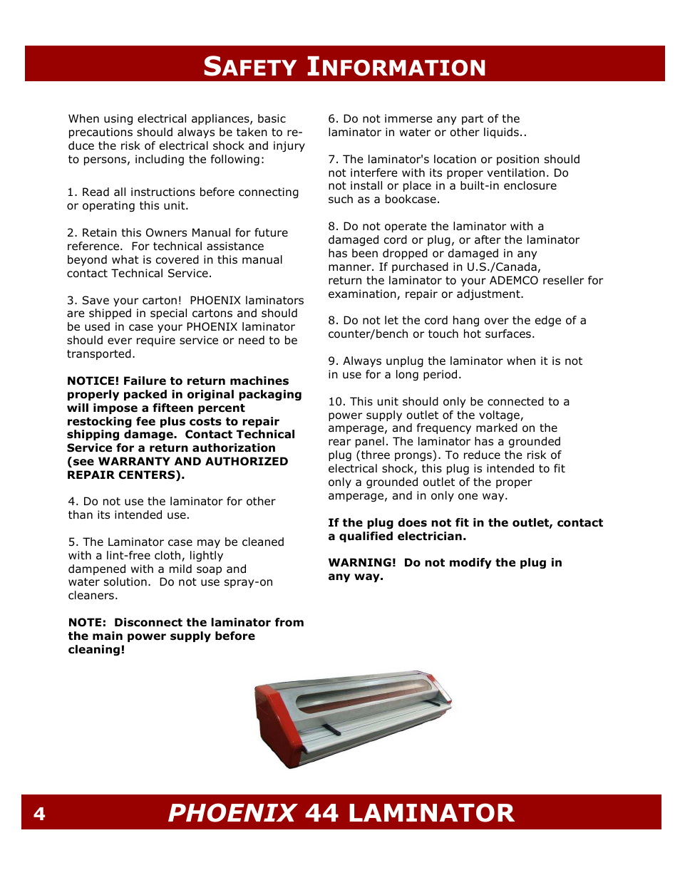 Phoenix 44 laminator | Demco PHOENIX ML44 User Manual | Page 4 / 25