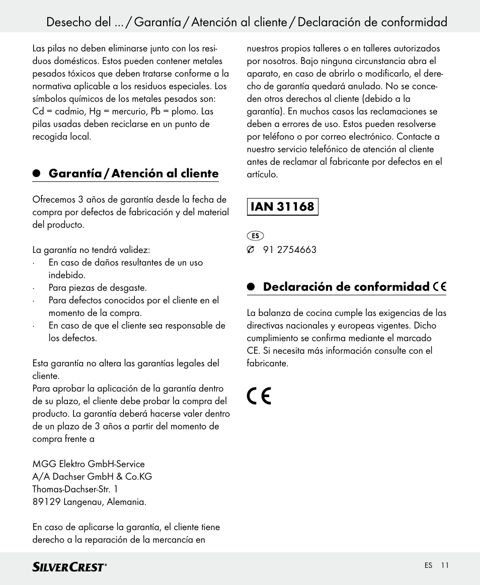 Garantía / atención al cliente, Declaración de conformidad | Silvercrest SKWD A1 User Manual | Page 11 / 38