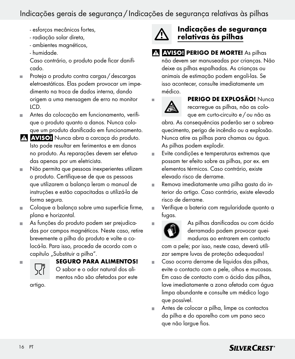 Indicações de segurança relativas às pilhas | Silvercrest SKWD A1 User Manual | Page 16 / 38