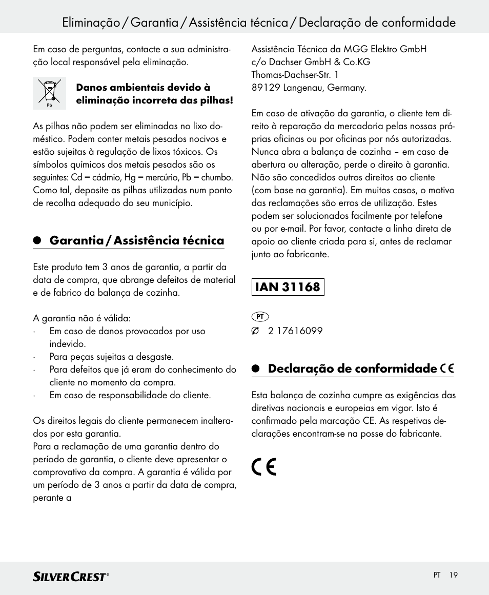 Garantia / assistência técnica, Declaração de conformidade | Silvercrest SKWD A1 User Manual | Page 19 / 38