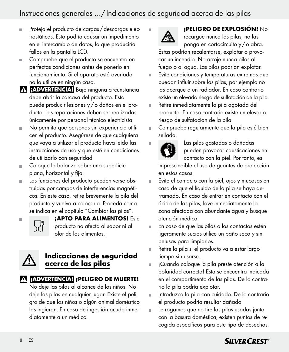 Indicaciones de seguridad acerca de las pilas | Silvercrest SKWD A1 User Manual | Page 8 / 38