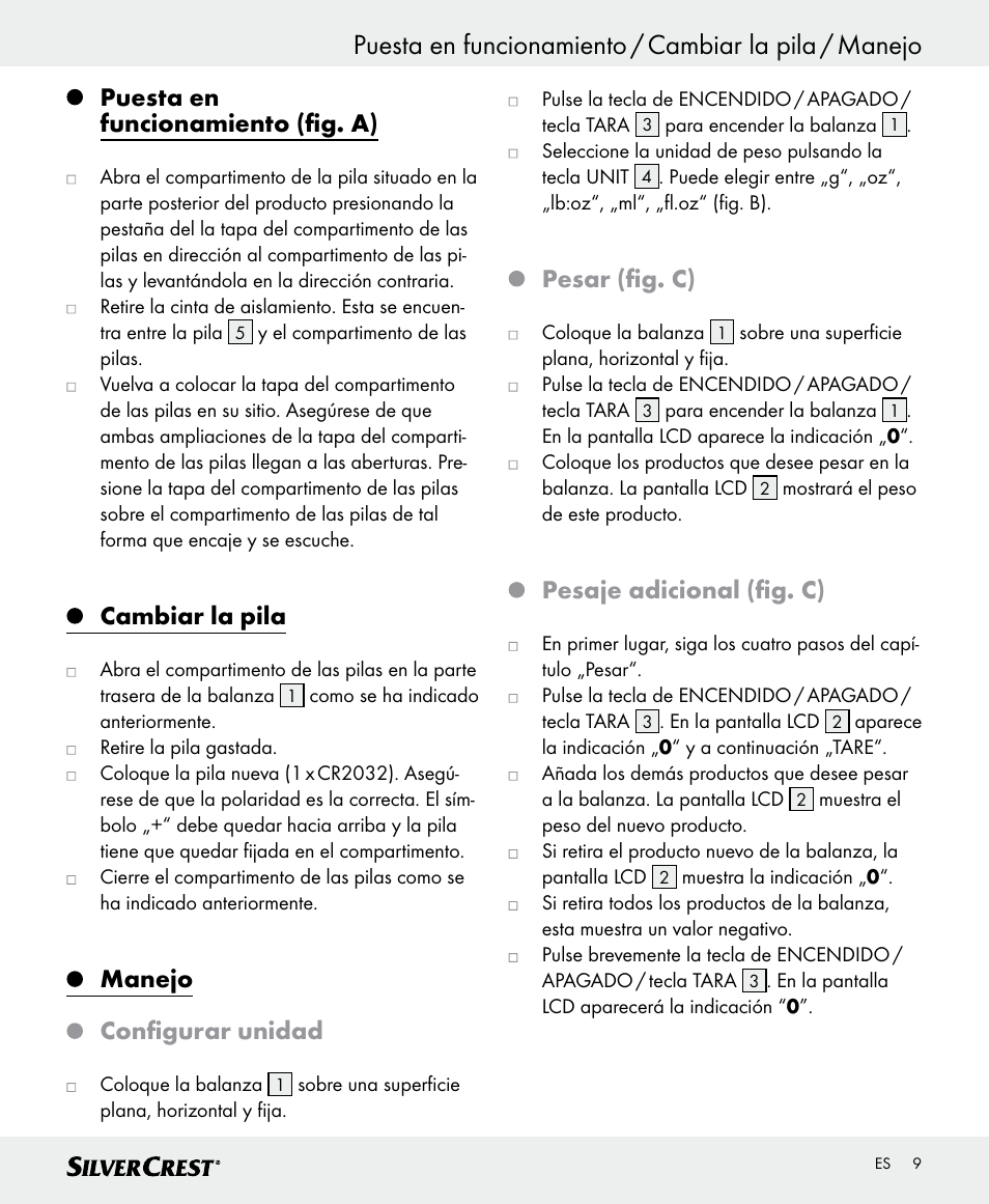 Puesta en funcionamiento (fig. a), Cambiar la pila, Manejo configurar unidad | Pesar (fig. c), Pesaje adicional (fig. c) | Silvercrest SKWD A1 User Manual | Page 9 / 38