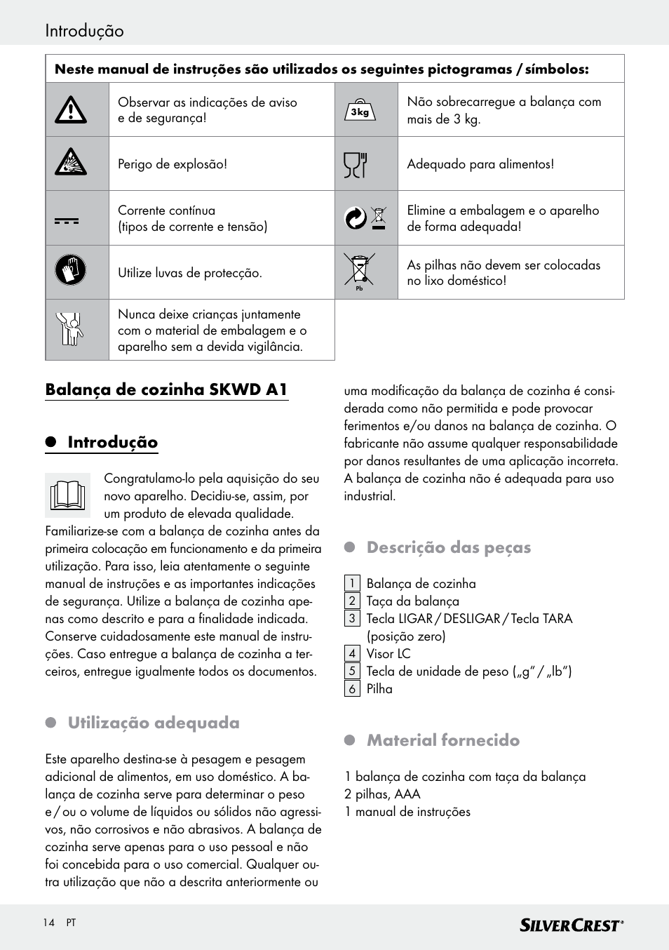 Introdução, Balança de cozinha skwd a1 introdução, Utilização adequada | Descrição das peças, Material fornecido | Silvercrest SKWD A1 User Manual | Page 14 / 38