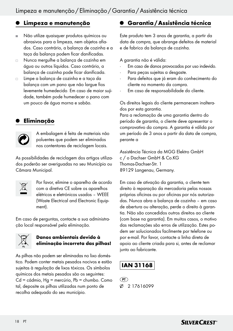 Limpeza e manutenção, Eliminação, Garantia / assistência técnica | Silvercrest SKWD A1 User Manual | Page 18 / 38