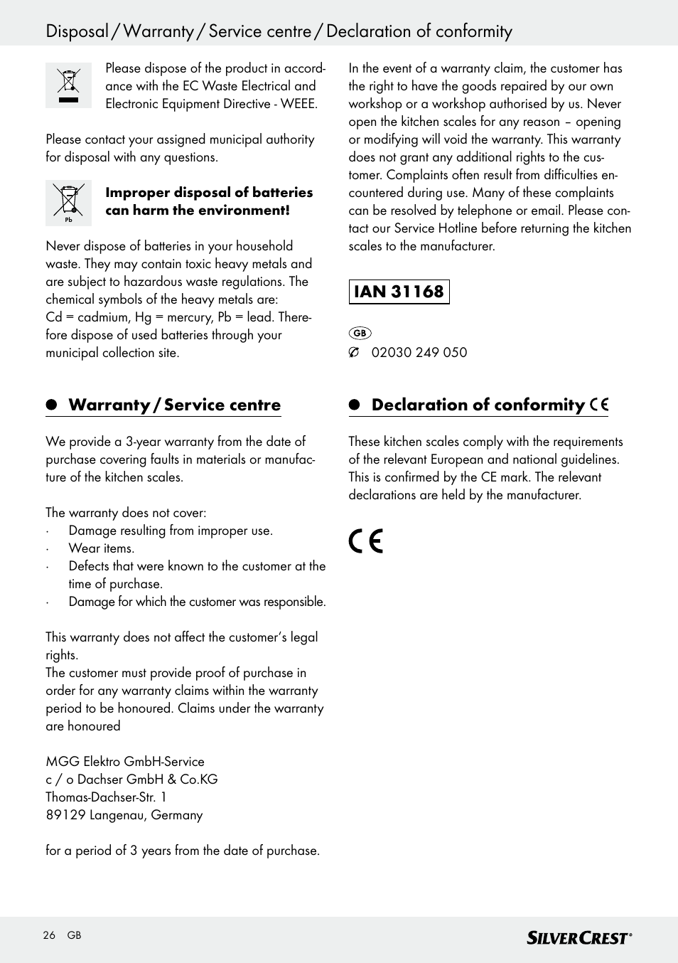 Warranty / service centre, Declaration of conformity | Silvercrest SKWD A1 User Manual | Page 26 / 38