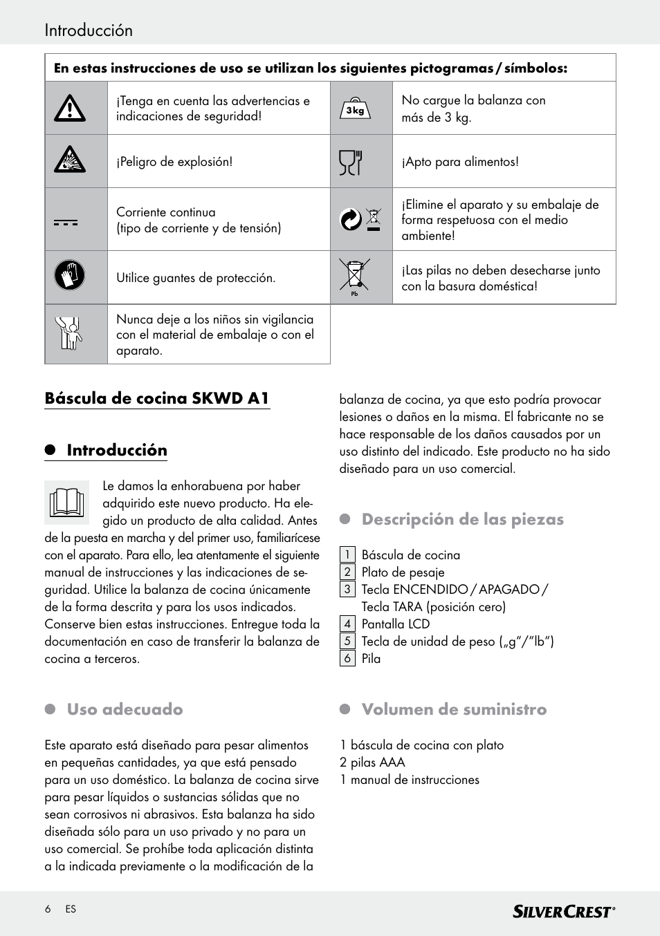 Introducción, Báscula de cocina skwd a1 introducción, Uso adecuado | Descripción de las piezas, Volumen de suministro | Silvercrest SKWD A1 User Manual | Page 6 / 38