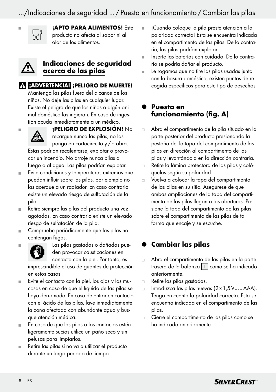 Indicaciones de seguridad acerca de las pilas, Puesta en funcionamiento (fig. a), Cambiar las pilas | Silvercrest SKWD A1 User Manual | Page 8 / 38
