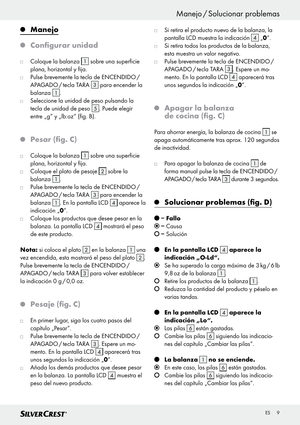 Manejo / solucionar problemas, Manejo configurar unidad, Pesar (fig. c) | Pesaje (fig. c), Apagar la balanza de cocina (fig. c), Solucionar problemas (fig. d) | Silvercrest SKWD A1 User Manual | Page 9 / 38