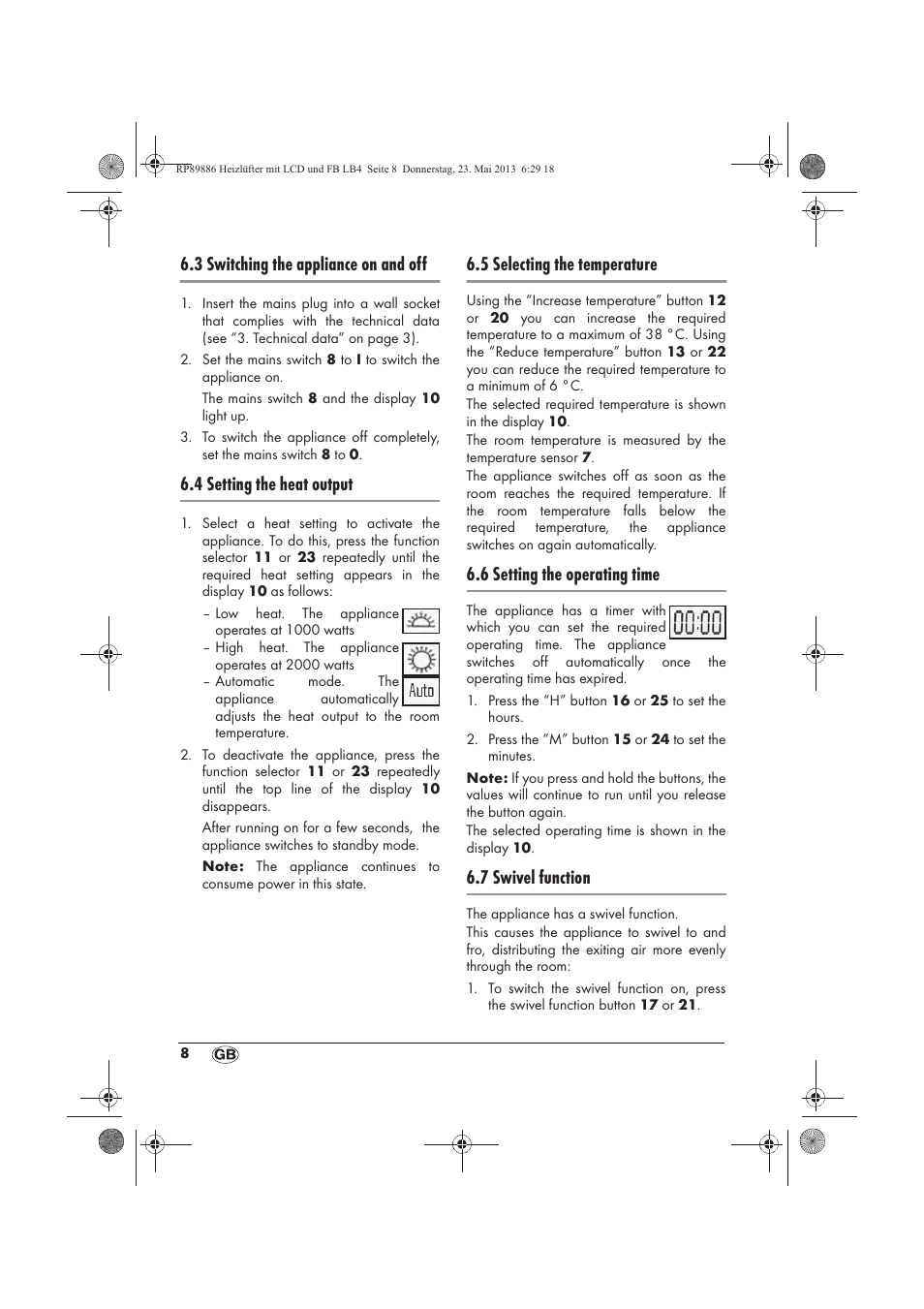 3 switching the appliance on and off, 4 setting the heat output, 5 selecting the temperature | 6 setting the operating time, 7 swivel function | Silvercrest SHLF 2000 A1 User Manual | Page 10 / 86