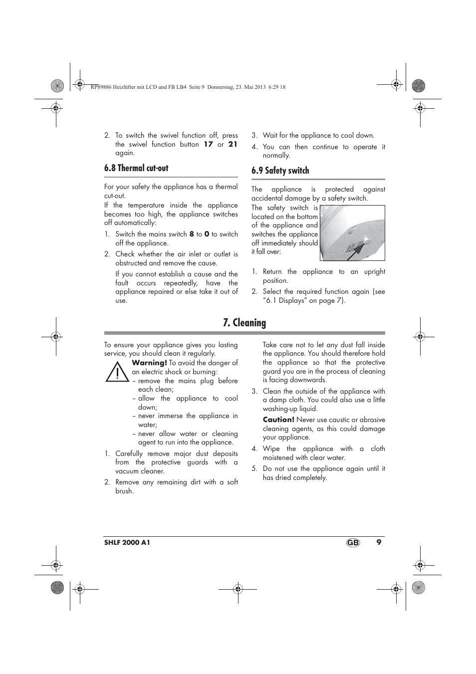 Cleaning, 8 thermal cut-out, 9 safety switch | Silvercrest SHLF 2000 A1 User Manual | Page 11 / 86