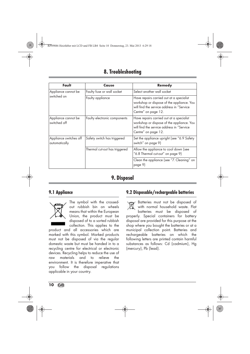 Troubleshooting 9. disposal, 1 appliance, 2 disposable/rechargeable batteries | Silvercrest SHLF 2000 A1 User Manual | Page 12 / 86