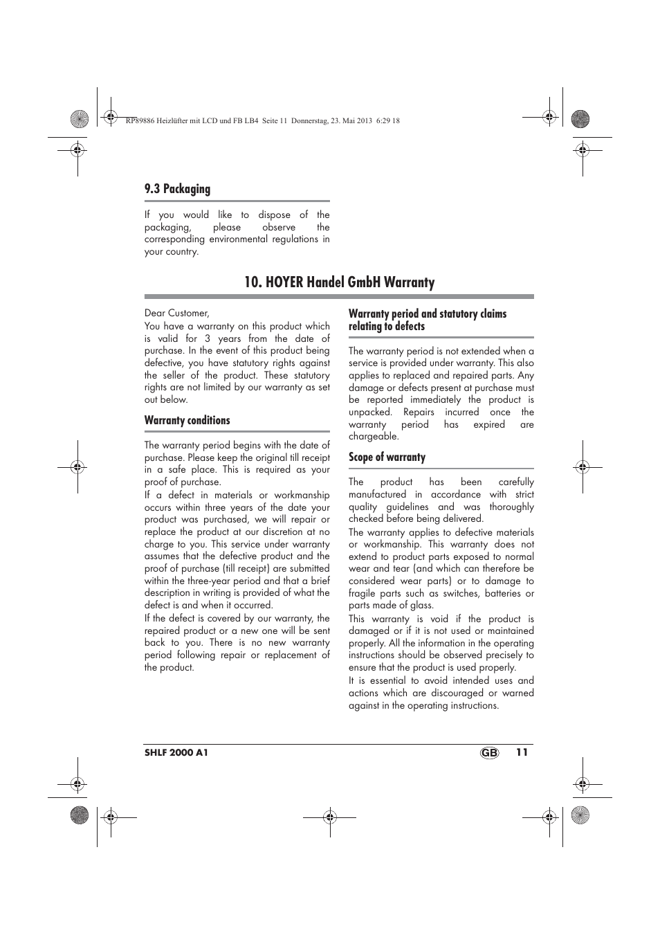 Hoyer handel gmbh warranty | Silvercrest SHLF 2000 A1 User Manual | Page 13 / 86