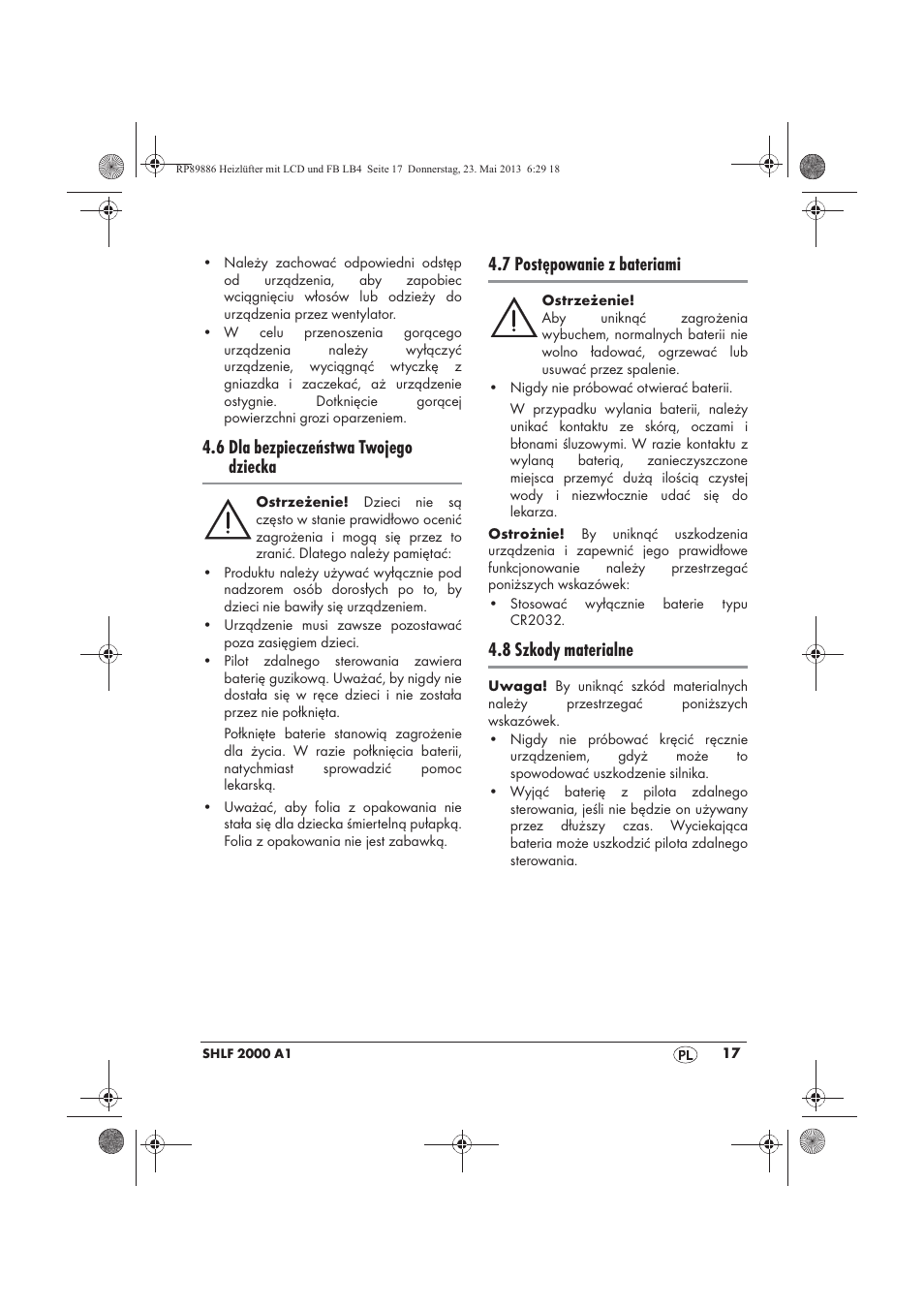 6 dla bezpieczeństwa twojego dziecka, 7 postępowanie z bateriami, 8 szkody materialne | Silvercrest SHLF 2000 A1 User Manual | Page 19 / 86