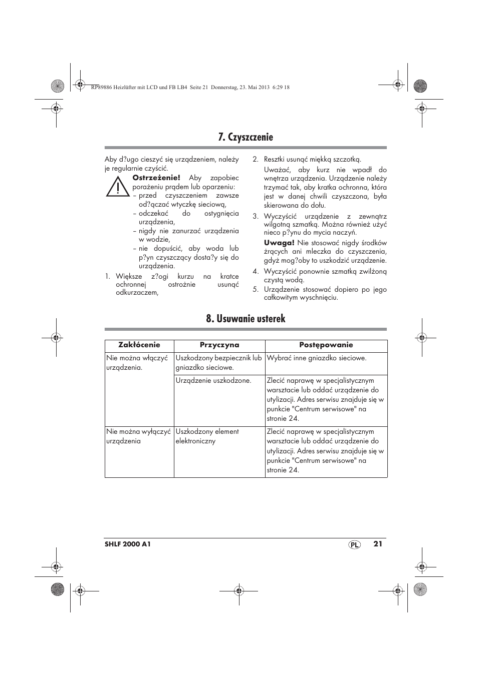 Czyszczenie, Usuwanie usterek | Silvercrest SHLF 2000 A1 User Manual | Page 23 / 86