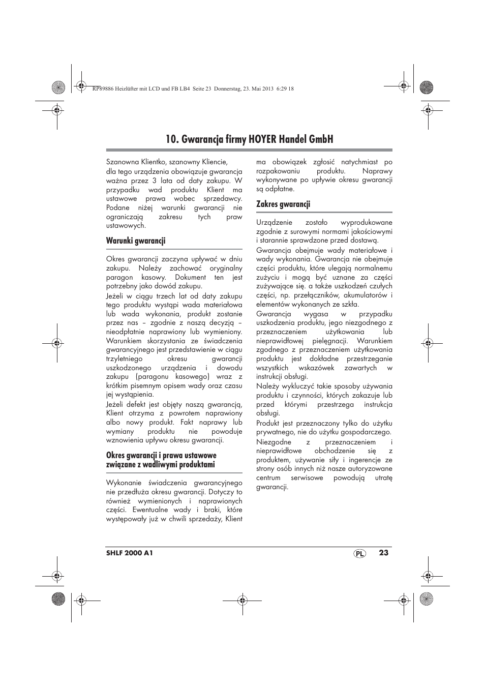 Gwarancja firmy hoyer handel gmbh | Silvercrest SHLF 2000 A1 User Manual | Page 25 / 86