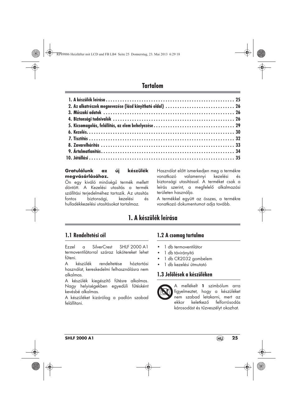 Tartalom, A készülék leírása | Silvercrest SHLF 2000 A1 User Manual | Page 27 / 86