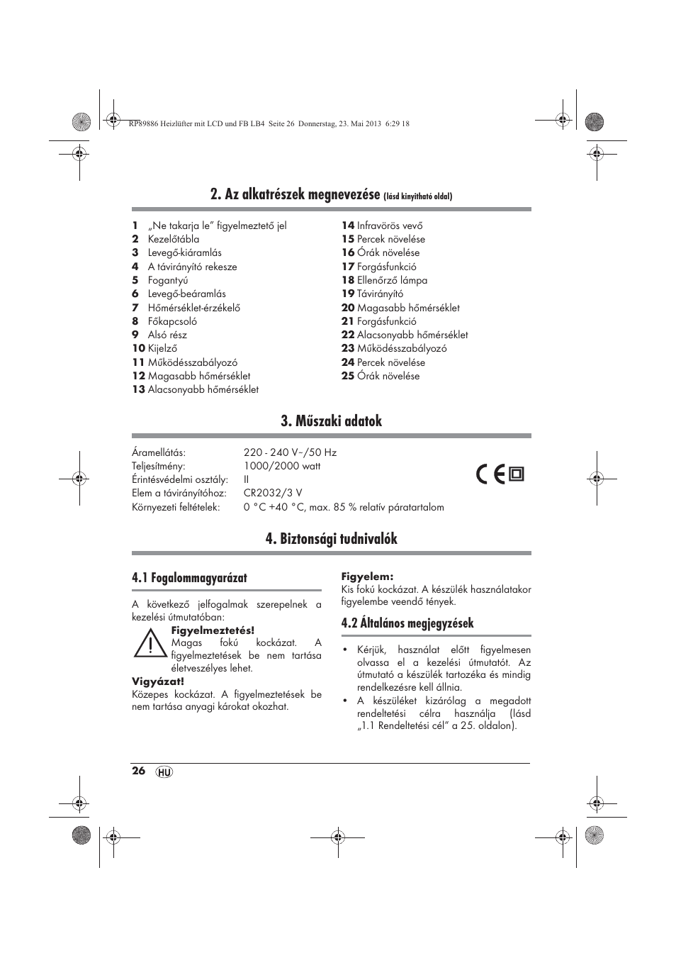 Az alkatrészek megnevezése, Műszaki adatok, Biztonsági tudnivalók | 1 fogalommagyarázat, 2 általános megjegyzések | Silvercrest SHLF 2000 A1 User Manual | Page 28 / 86