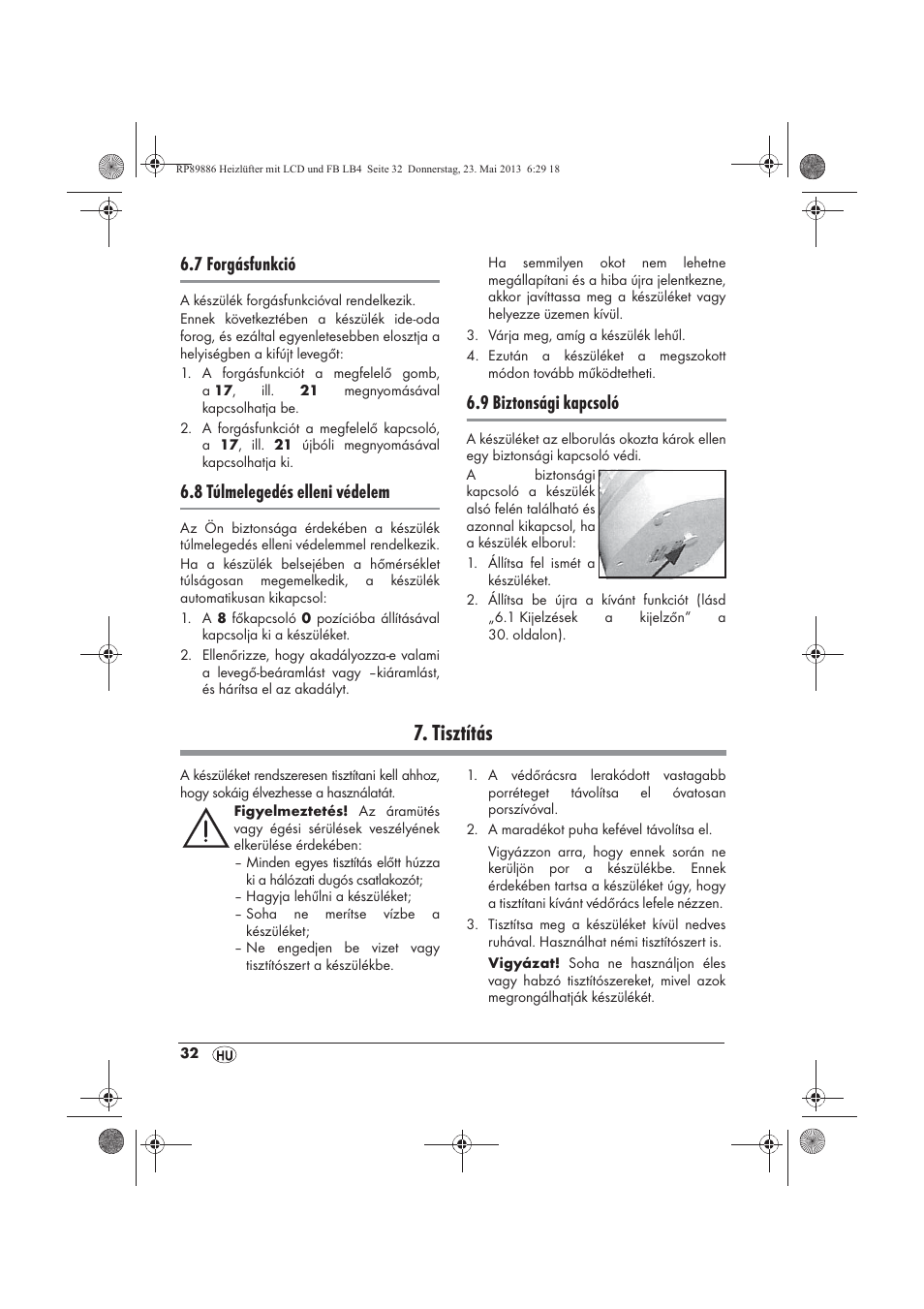 Tisztítás, 7 forgásfunkció, 8 túlmelegedés elleni védelem | 9 biztonsági kapcsoló | Silvercrest SHLF 2000 A1 User Manual | Page 34 / 86