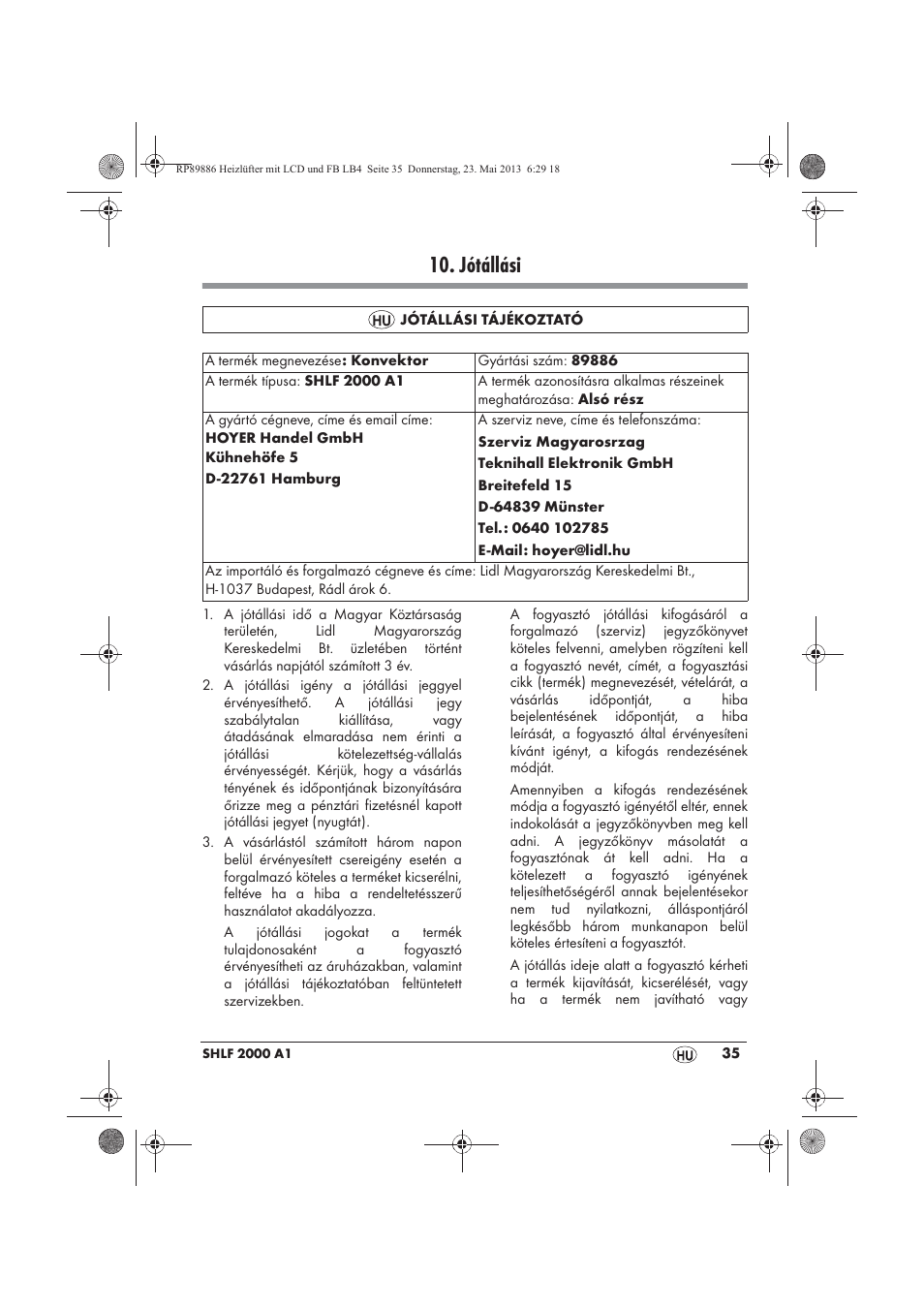 Jótállási | Silvercrest SHLF 2000 A1 User Manual | Page 37 / 86