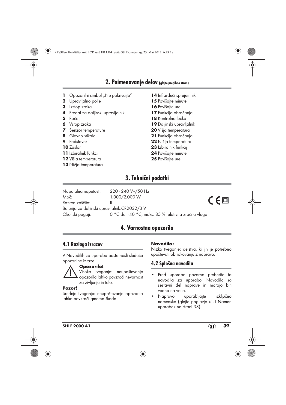 Poimenovanje delov, Tehnični podatki, Varnostna opozorila | 1 razlaga izrazov, 2 splošna navodila | Silvercrest SHLF 2000 A1 User Manual | Page 41 / 86