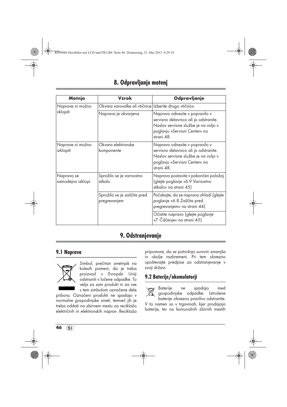 Odpravljanje motenj 9. odstranjevanje, 1 naprava, 2 baterije/akumulatorji | Silvercrest SHLF 2000 A1 User Manual | Page 48 / 86