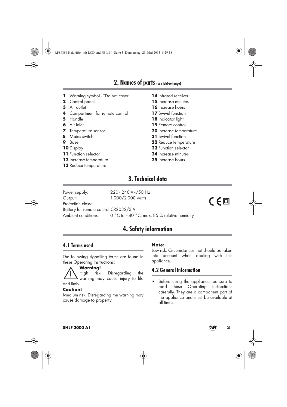 Names of parts, Technical data, Safety information | 1 terms used, 2 general information | Silvercrest SHLF 2000 A1 User Manual | Page 5 / 86