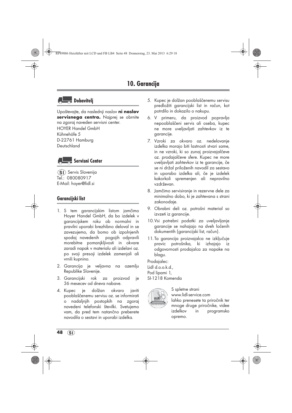 Garancija, Dobavitelj, Servisni center | Garancijski list | Silvercrest SHLF 2000 A1 User Manual | Page 50 / 86