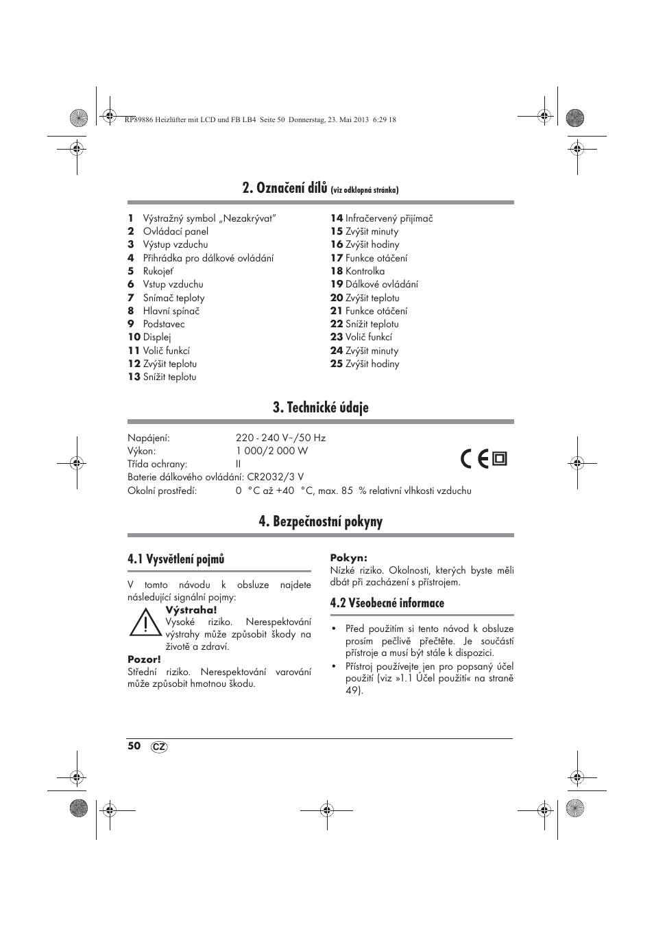 Označení dílů, Technické údaje, Bezpečnostní pokyny | 1 vysvětlení pojmů, 2 všeobecné informace | Silvercrest SHLF 2000 A1 User Manual | Page 52 / 86