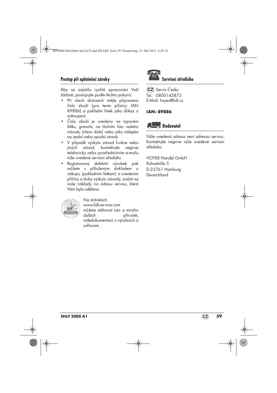 Postup při uplatnění záruky, Servisní středisko, Dodavatel | Silvercrest SHLF 2000 A1 User Manual | Page 61 / 86