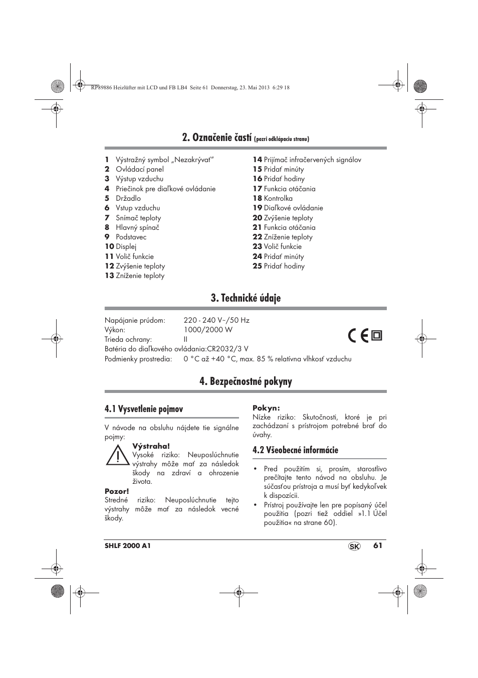 Označenie častí, Technické údaje, Bezpečnostné pokyny | 1 vysvetlenie pojmov, 2 všeobecné informácie | Silvercrest SHLF 2000 A1 User Manual | Page 63 / 86
