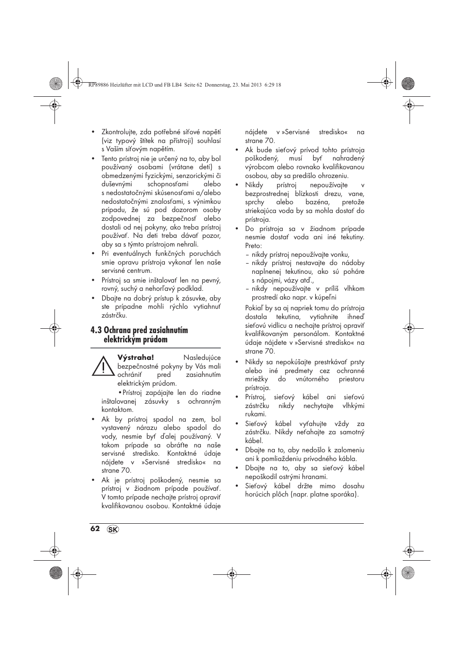 3 ochrana pred zasiahnutím elektrickým prúdom | Silvercrest SHLF 2000 A1 User Manual | Page 64 / 86