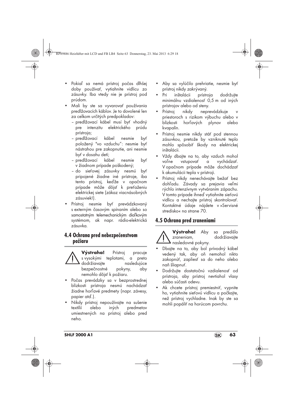 4 ochrana pred nebezpečenstvom požiaru, 5 ochrana pred zraneniami | Silvercrest SHLF 2000 A1 User Manual | Page 65 / 86