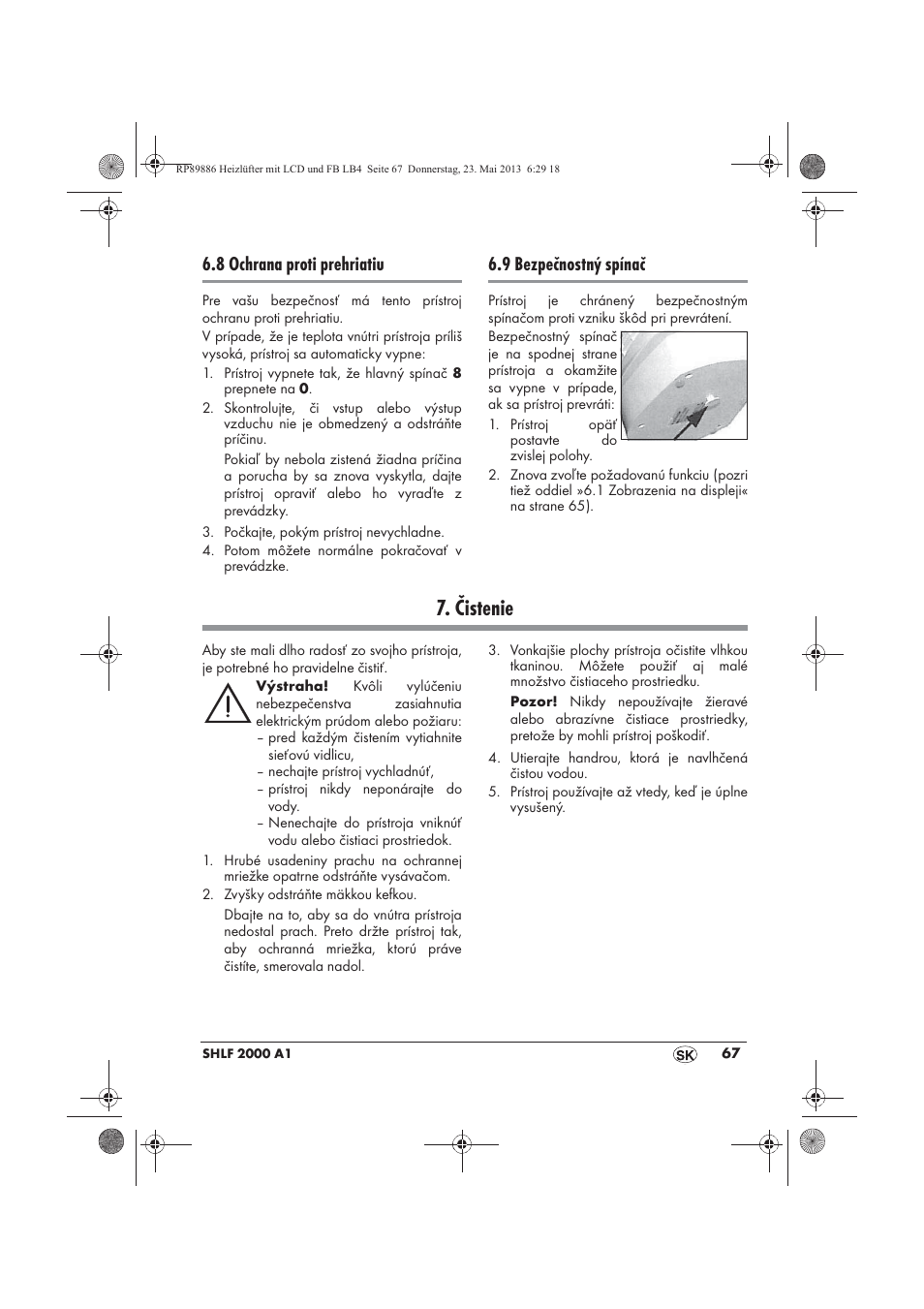 Čistenie, 8 ochrana proti prehriatiu, 9 bezpečnostný spínač | Silvercrest SHLF 2000 A1 User Manual | Page 69 / 86