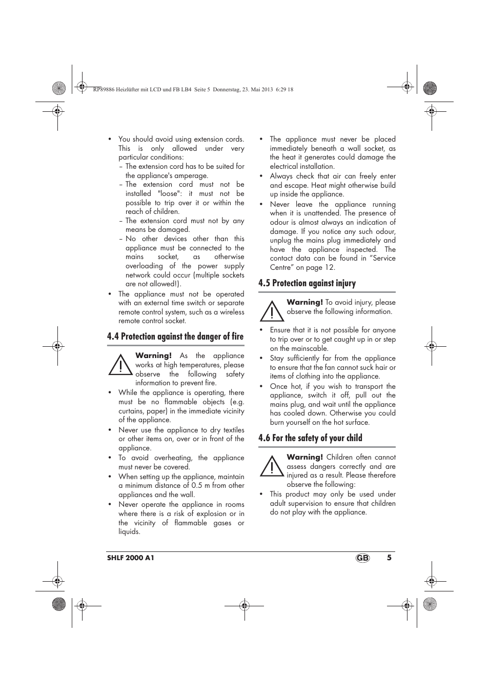 4 protection against the danger of fire, 5 protection against injury, 6 for the safety of your child | Silvercrest SHLF 2000 A1 User Manual | Page 7 / 86