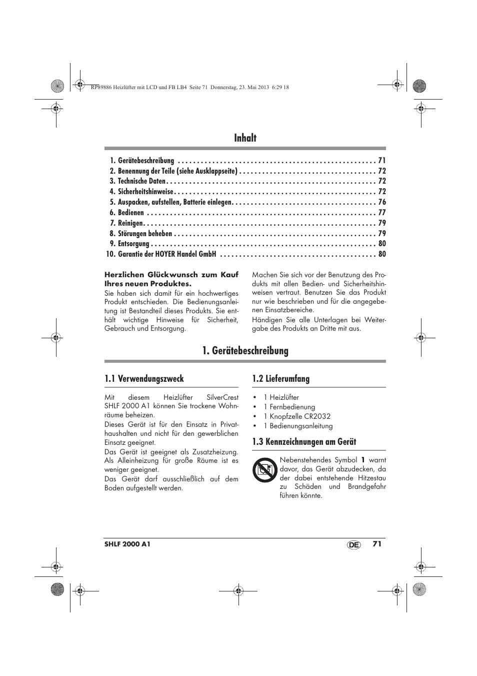 Inhalt, Gerätebeschreibung | Silvercrest SHLF 2000 A1 User Manual | Page 73 / 86