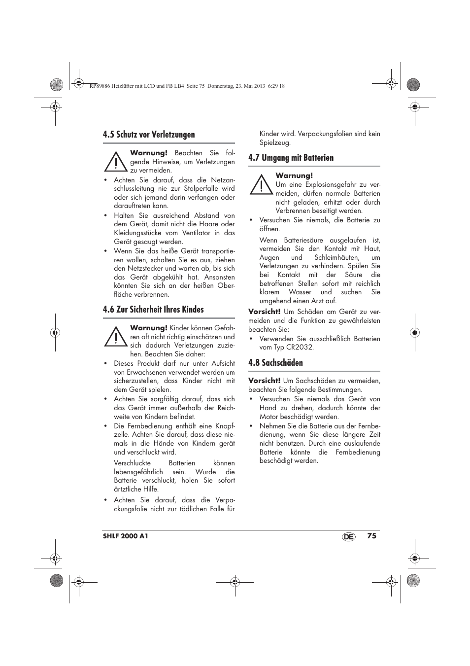 5 schutz vor verletzungen, 6 zur sicherheit ihres kindes, 7 umgang mit batterien | 8 sachschäden | Silvercrest SHLF 2000 A1 User Manual | Page 77 / 86