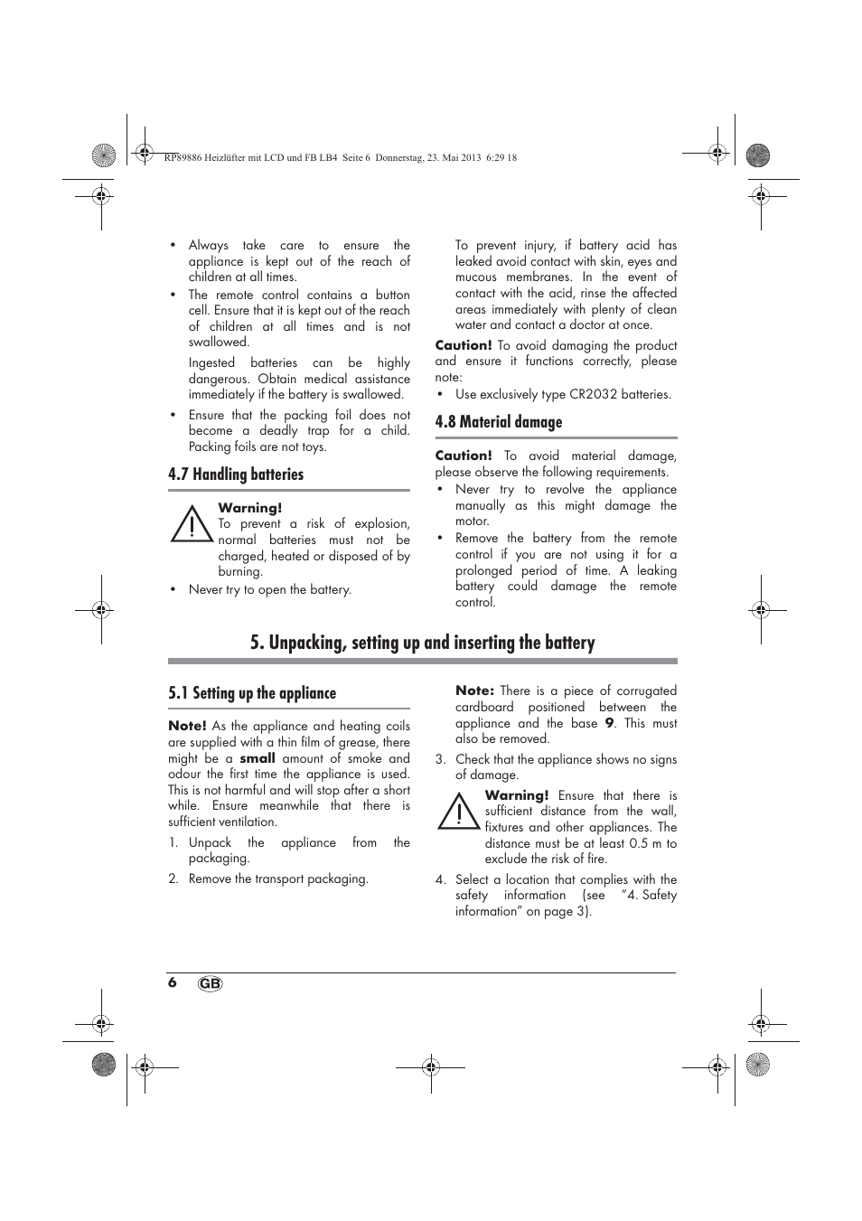 Unpacking, setting up and inserting the battery, 7 handling batteries, 8 material damage | 1 setting up the appliance | Silvercrest SHLF 2000 A1 User Manual | Page 8 / 86