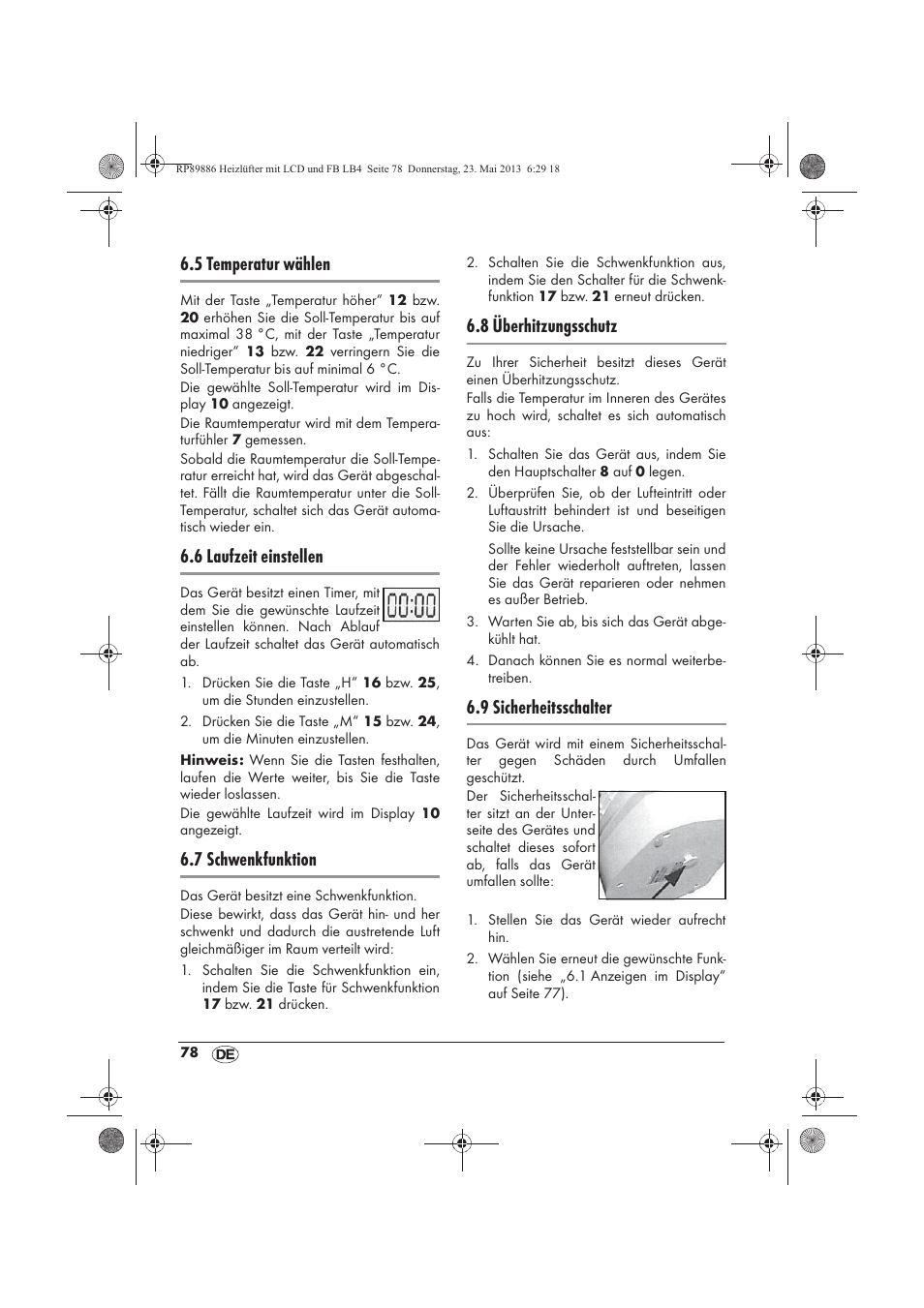 5 temperatur wählen, 6 laufzeit einstellen, 7 schwenkfunktion | 8 überhitzungsschutz, 9 sicherheitsschalter | Silvercrest SHLF 2000 A1 User Manual | Page 80 / 86