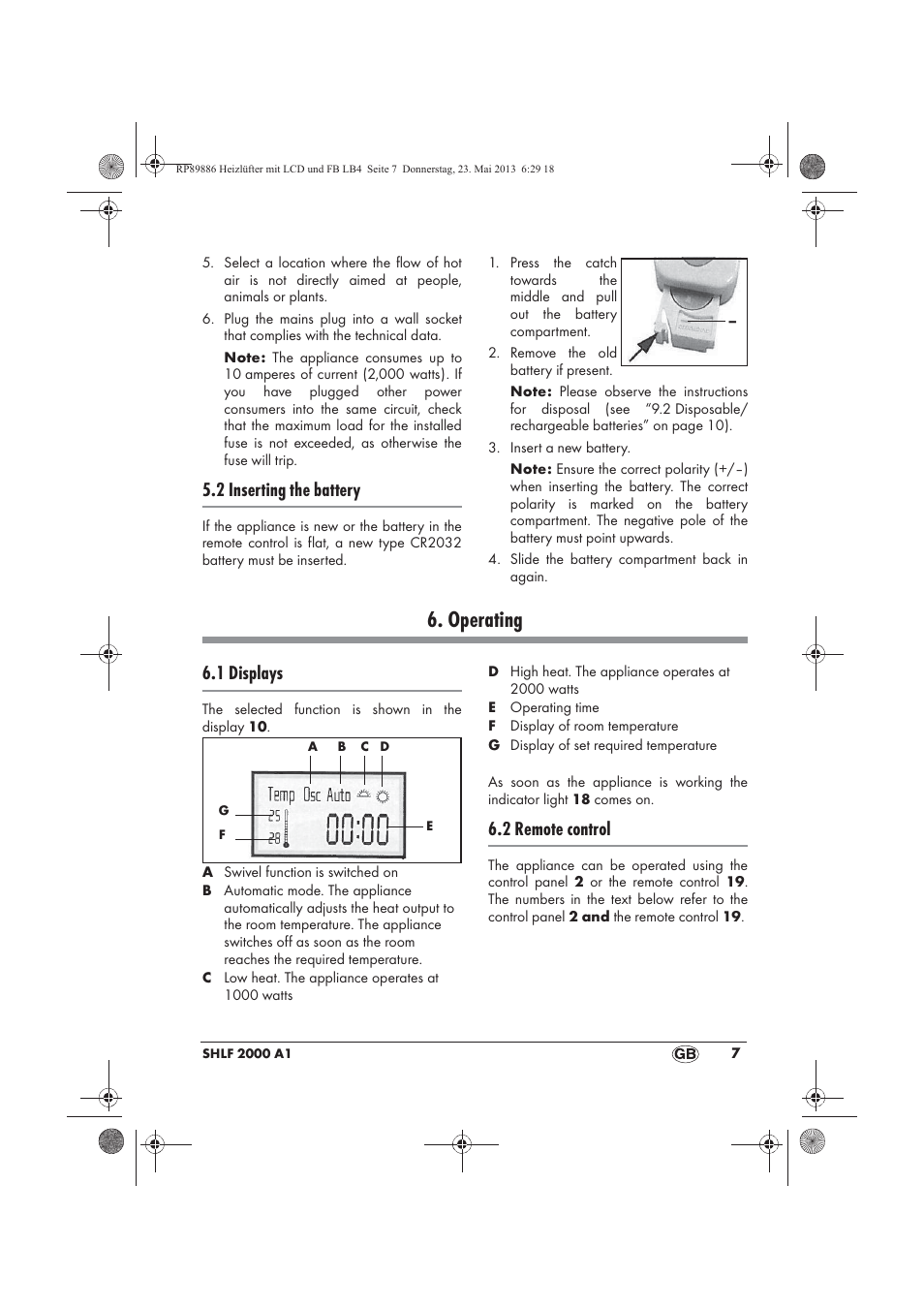 Operating, 2 inserting the battery, 1 displays | 2 remote control | Silvercrest SHLF 2000 A1 User Manual | Page 9 / 86