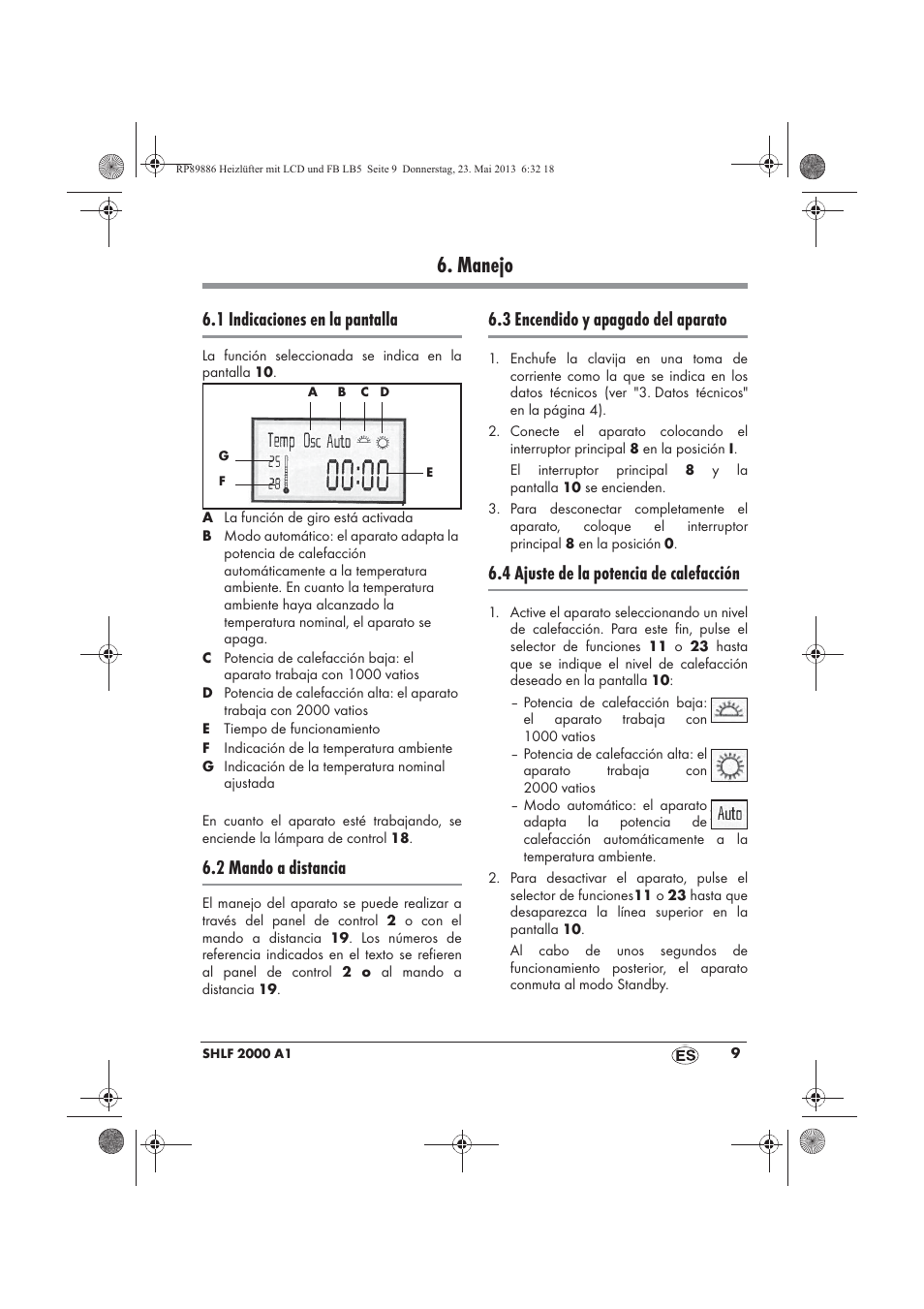 Manejo, 1 indicaciones en la pantalla, 2 mando a distancia | 3 encendido y apagado del aparato, 4 ajuste de la potencia de calefacción | Silvercrest SHLF 2000 A1 User Manual | Page 11 / 66