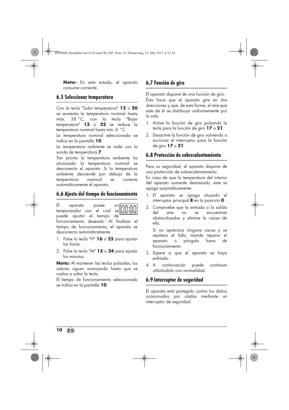 5 seleccionar temperatura, 6 ajuste del tiempo de funcionamiento, 7 función de giro | 8 protección de sobrecalentamiento, 9 interruptor de seguridad | Silvercrest SHLF 2000 A1 User Manual | Page 12 / 66