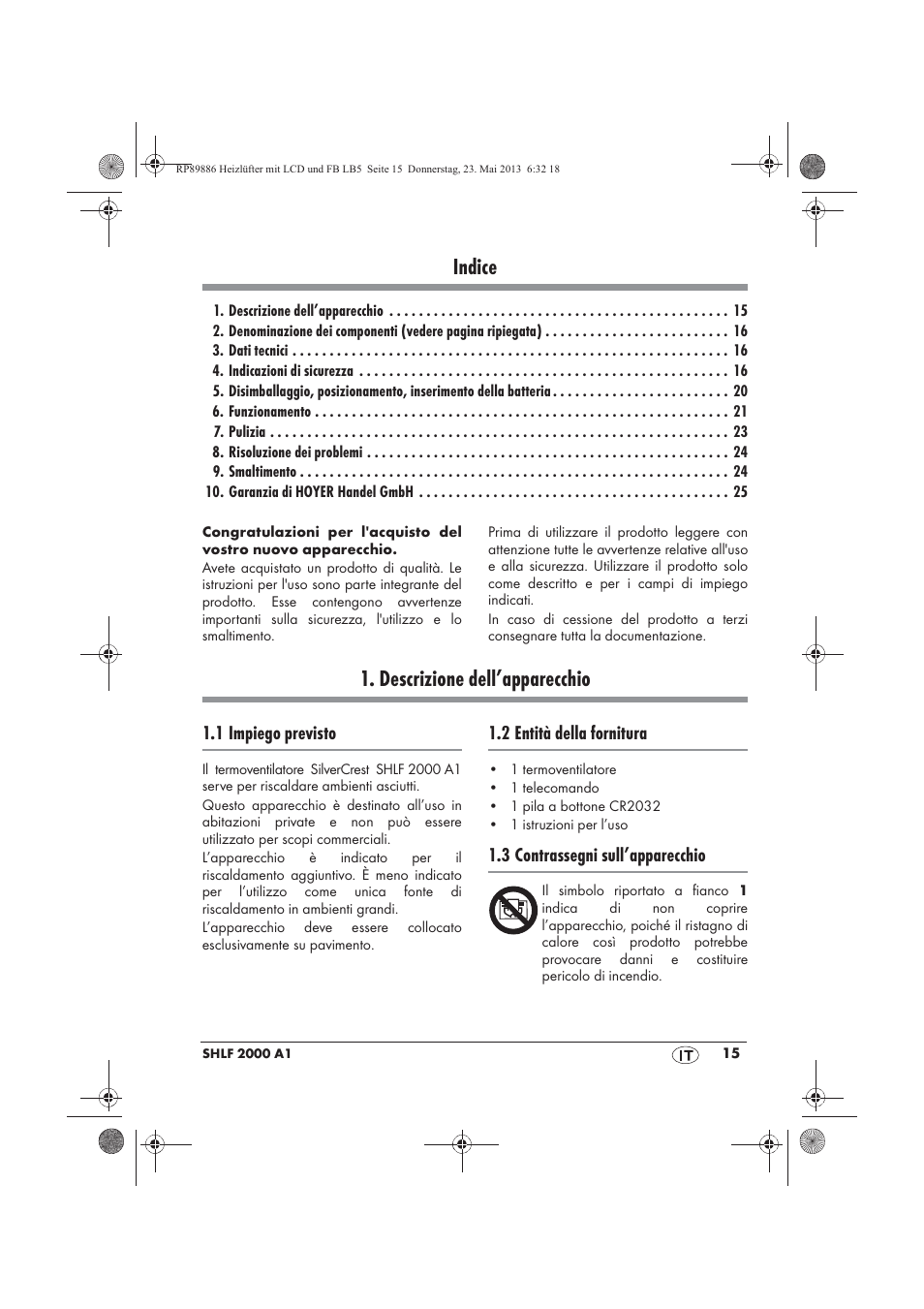 Indice, Descrizione dell’apparecchio | Silvercrest SHLF 2000 A1 User Manual | Page 17 / 66