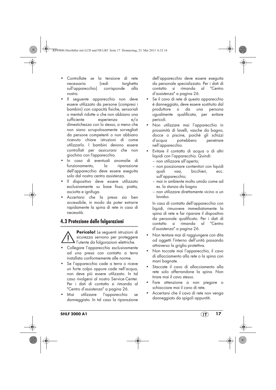 3 protezione dalle folgorazioni | Silvercrest SHLF 2000 A1 User Manual | Page 19 / 66