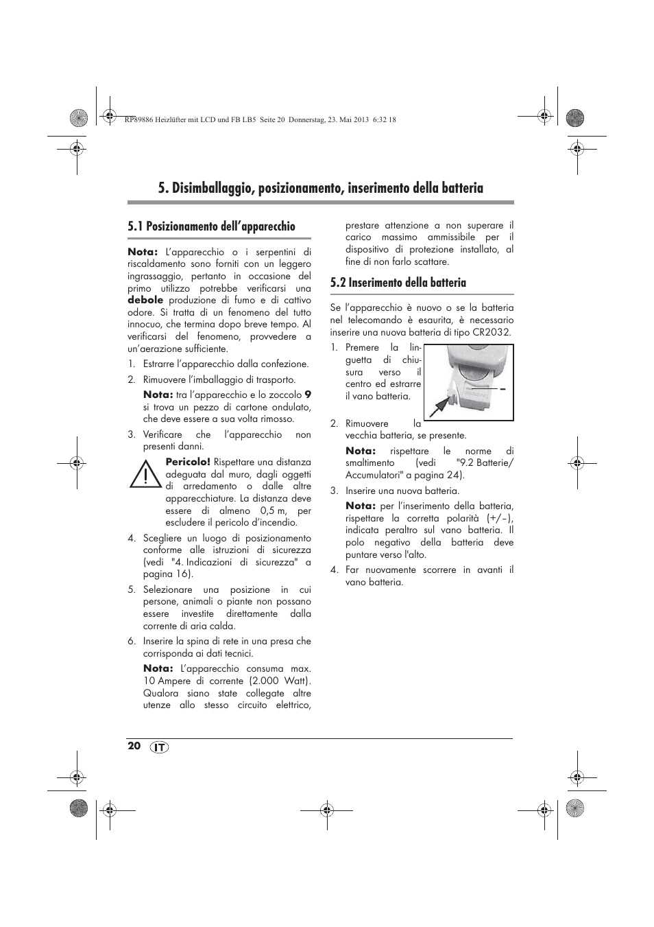 1 posizionamento dell’apparecchio, 2 inserimento della batteria | Silvercrest SHLF 2000 A1 User Manual | Page 22 / 66