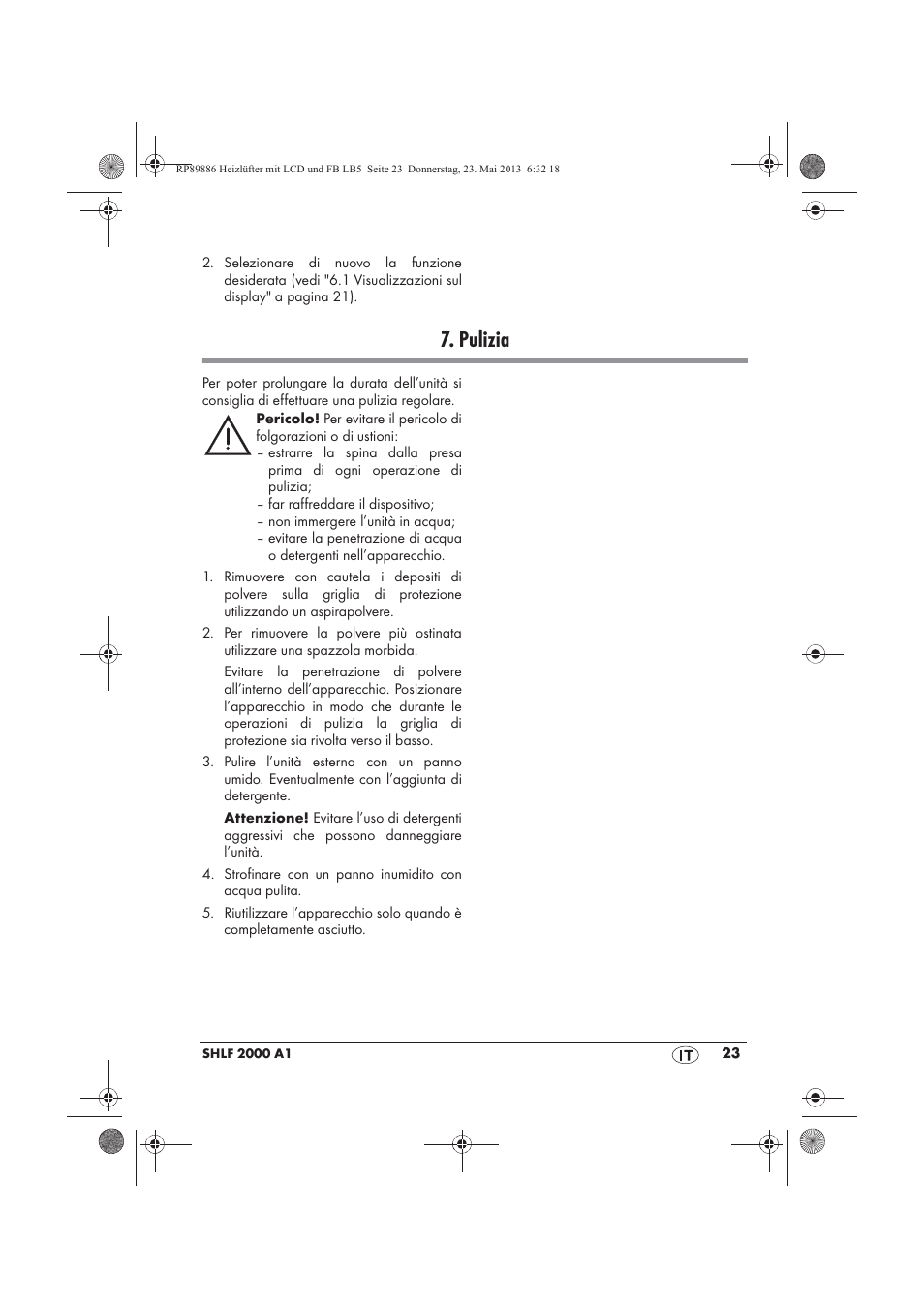 Pulizia | Silvercrest SHLF 2000 A1 User Manual | Page 25 / 66