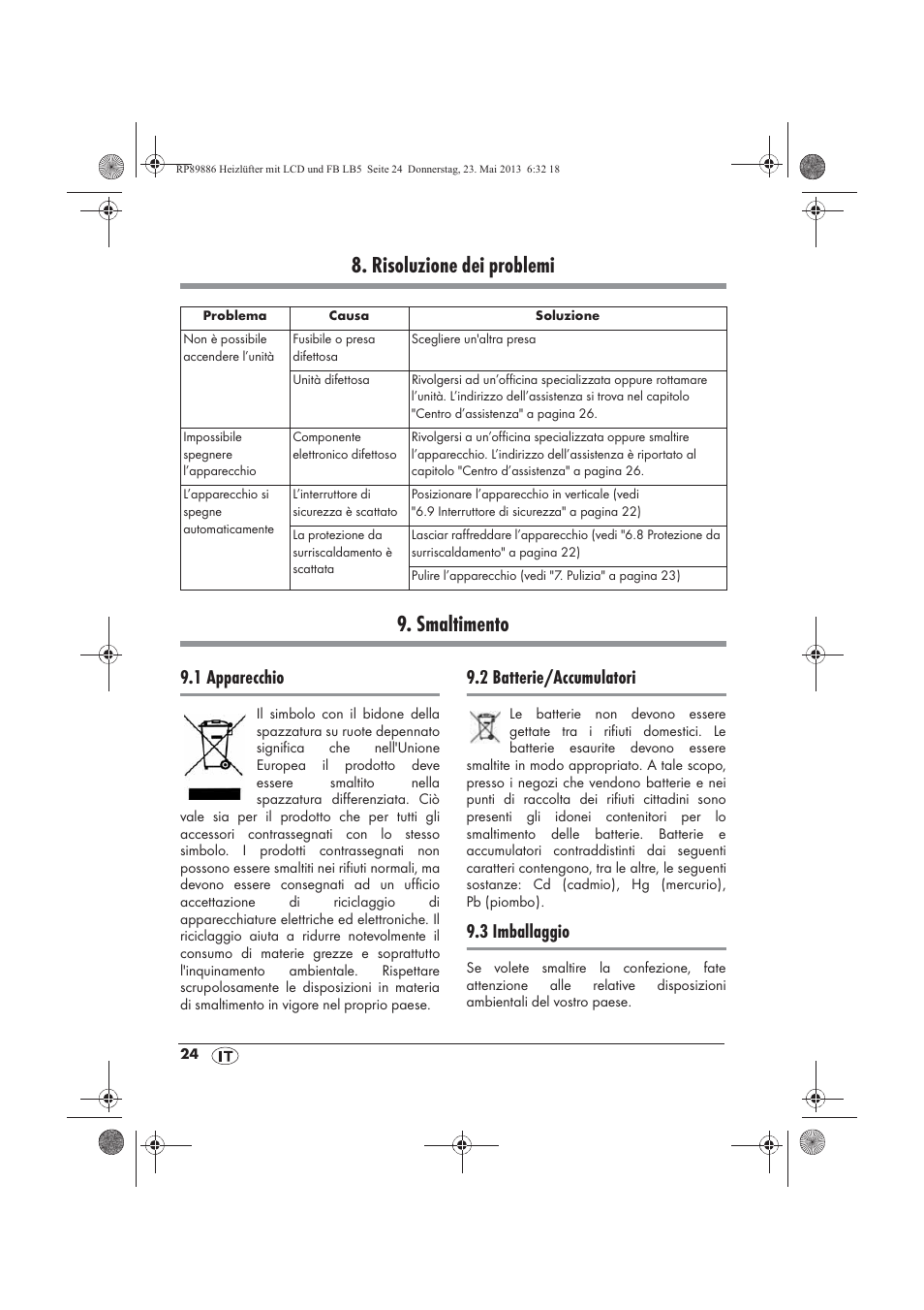 Risoluzione dei problemi 9. smaltimento, 1 apparecchio, 2 batterie/accumulatori | 3 imballaggio | Silvercrest SHLF 2000 A1 User Manual | Page 26 / 66