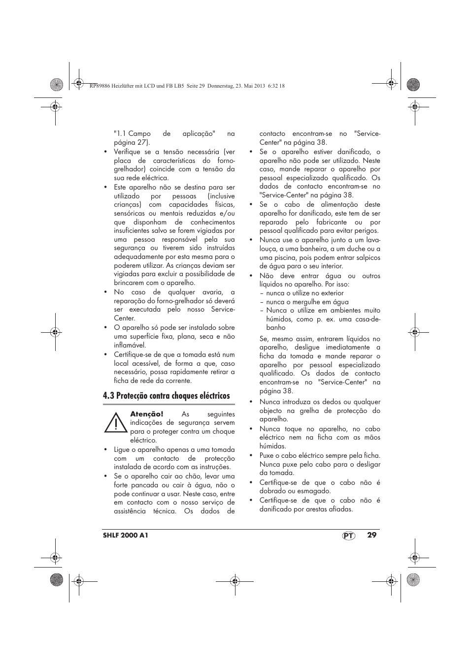 3 protecção contra choques eléctricos | Silvercrest SHLF 2000 A1 User Manual | Page 31 / 66